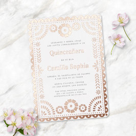 Invitación Con Relieve Metalizado Quinceañera Papel Picado Oro Rosa Blanca