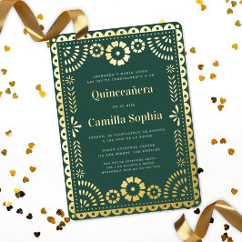 Invitación Con Relieve Metalizado Quinceañera Papel Picado Oro Verde Oscuro