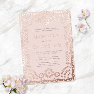 Invitación Con Relieve Metalizado Quinceañera Papel Picado Rosa Rosado Oro