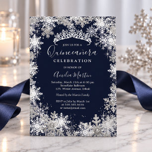 Invitación Con Relieve Metalizado Quinceañera Plata Copo de Nieve de Invierno Naval