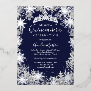 Invitación Con Relieve Metalizado Quinceañera Plata Copo de Nieve de Invierno Naval
