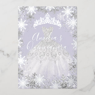 Invitación Con Relieve Metalizado Quinceañera Plata Invernal Púrpura Copo de Nieve