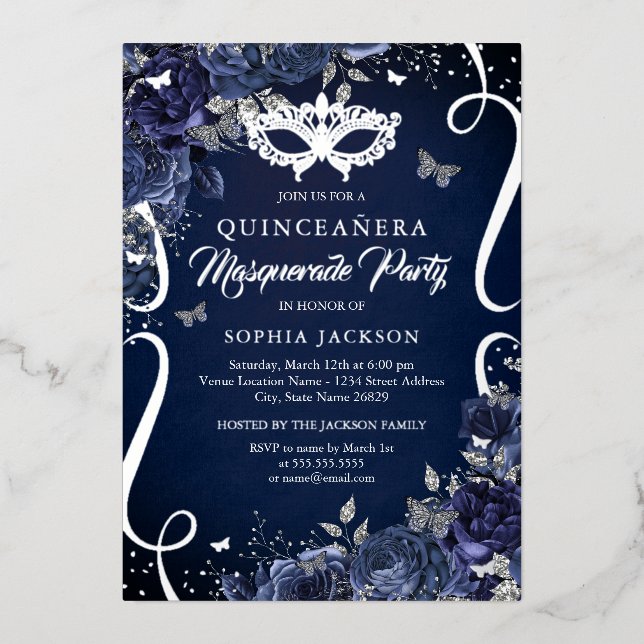 Invitación Con Relieve Metalizado Quinceanera plateada de la marina mariposa de masc (Anverso)