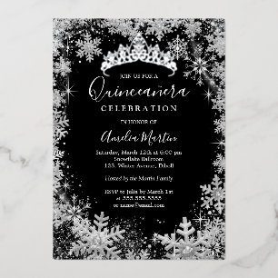 Invitación Con Relieve Metalizado Quinceañera Plateada Negra Copo de Nieve de Invier
