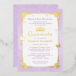 Invitación Con Relieve Metalizado Quinceañera Princesa Lila Púrpura Floral