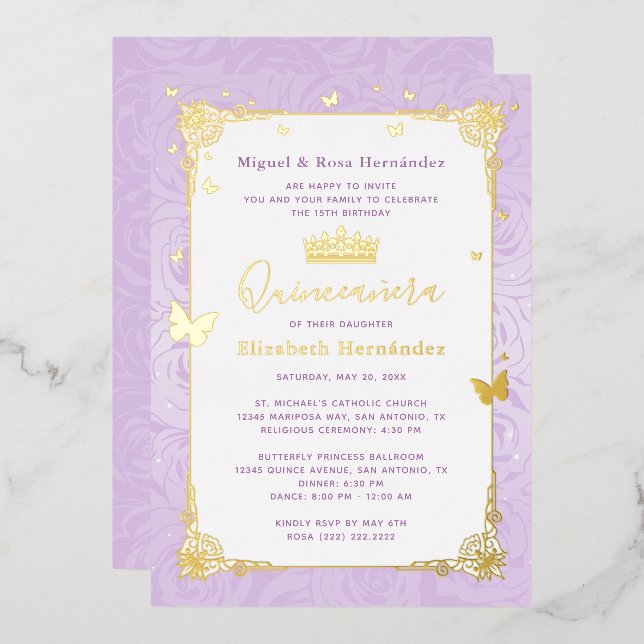 Invitación Con Relieve Metalizado Quinceañera Princess Lilac Purple Floral (Anverso/Reverso)