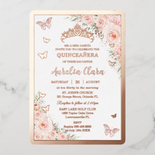 Invitación Con Relieve Metalizado Quinceañera Quince Sweet 16 Rubor Floral Rosa Gold