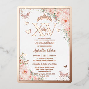 Invitación Con Relieve Metalizado Quinceañera Quince XV Rubor Floral Rosa Gold