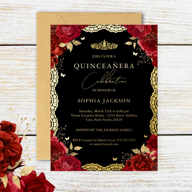 Invitación Con Relieve Metalizado Quinceanera Red Rose Gold Lace Cumpleaños (Subido por el creador)