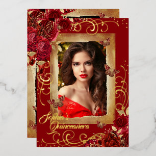Invitación Con Relieve Metalizado Quinceañera Roja Foto Mariposa de Oro Rosa