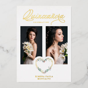 Invitación Con Relieve Metalizado Quinceañera Romantic Pink Shades Real Gold Floral 