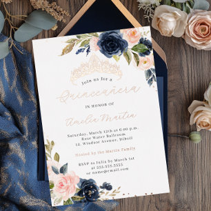 Invitación Con Relieve Metalizado Quinceañera Rosa Beige Dorado Naval