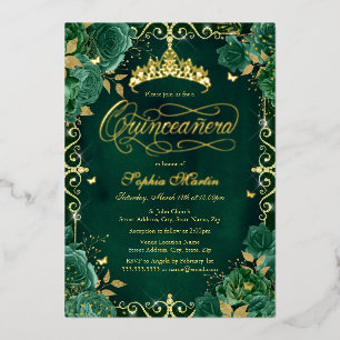 Invitación Con Relieve Metalizado Quinceanera, Rosa de la mariposa de oro de la Esme