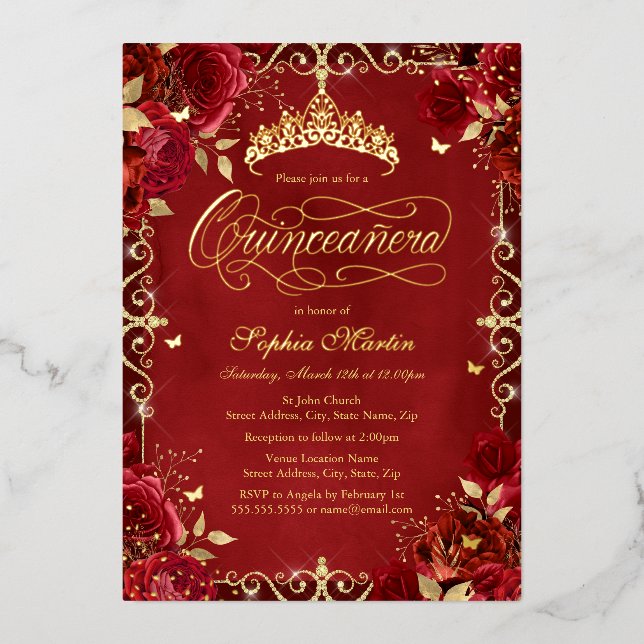 Invitación Con Relieve Metalizado Quinceanera Rosa de mariposa de oro rojo real (Anverso)