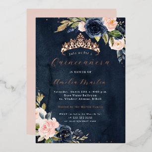 Invitación Con Relieve Metalizado Quinceañera Rosa de Oro de Acuarela Azul Marino co