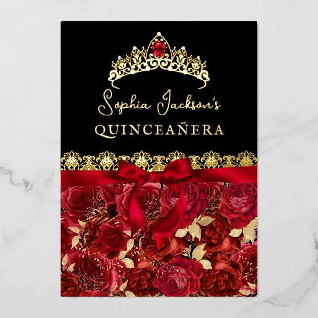 Invitación Con Relieve Metalizado Quinceanera, Rosa de oro rojo de rubí (Anverso)