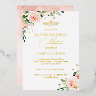 Invitación Con Relieve Metalizado Quinceañera Rosa Floral Dorado Rubor