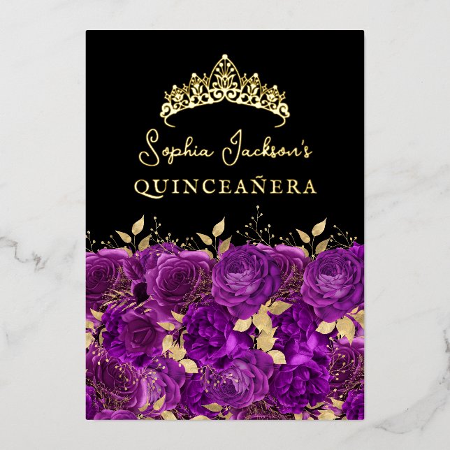 Invitación Con Relieve Metalizado Quinceanera Rosa floral púrpura de oro (Anverso)