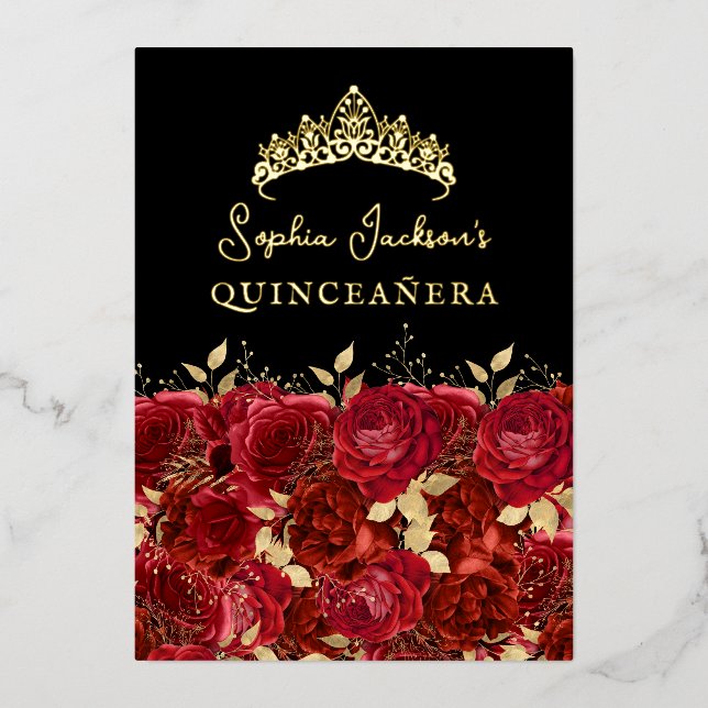 Invitación Con Relieve Metalizado Quinceanera Rosa floral rojo dorado (Anverso)