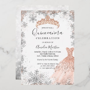 Invitación Con Relieve Metalizado Quinceanera Rosa Gold Wind Snowflake