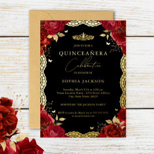 Invitación Con Relieve Metalizado Quinceañera Rosa Roja Encaje Cumpleaños 