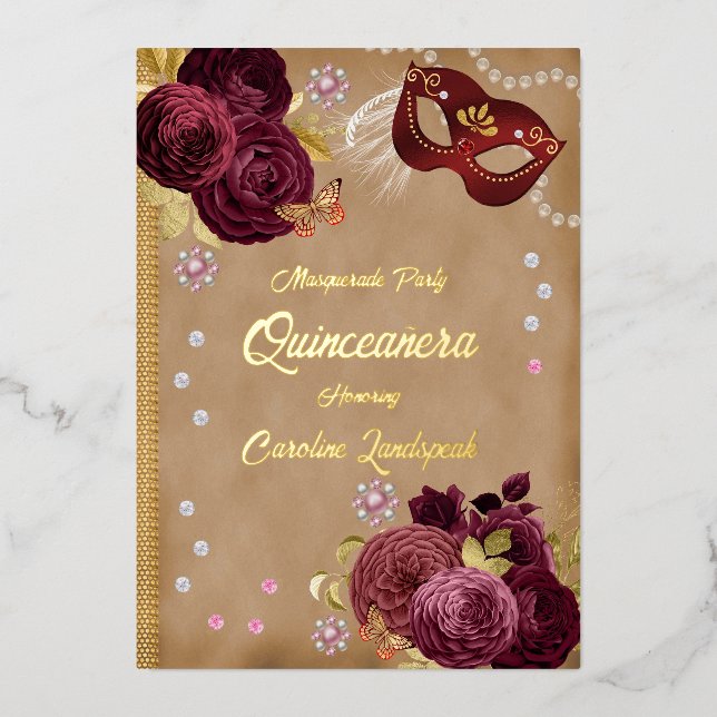 Invitación Con Relieve Metalizado Quinceañera Rosas de inglés rojo y máscara roja de (Anverso)
