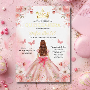 Invitación Con Relieve Metalizado Quinceañera Rosas Florales Mariposa Rosa Beige