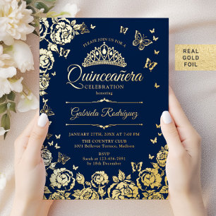 Invitación Con Relieve Metalizado Quinceañera Rosas Mariposas Azul Marino Dorado