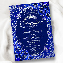 Invitación Con Relieve Metalizado Quinceañera Rosas Mariposas Azul Royal Plata