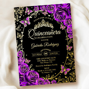 Invitación Con Relieve Metalizado Quinceañera Rosas Negras Oro Púrpura