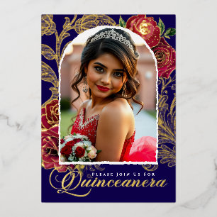 Invitación Con Relieve Metalizado Quinceañera Rosas Rojas Azul Marino Elegante Foto 