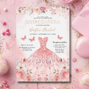 Invitación Con Relieve Metalizado Quinceañera Rubor Mariposa Floral Rosa Rosa Rosada