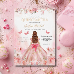 Invitación Con Relieve Metalizado Quinceañera Rubor Rosa Floral Mariposa