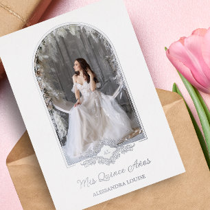 Invitación Con Relieve Metalizado Quinceañera Spanish Fancy Silver Arch Effect Photo