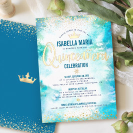 Invitación Con Relieve Metalizado Quinceañera Turquoise acuarela Crown Real Gold