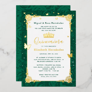 Invitación Con Relieve Metalizado Quinceañera Verde Esmeralda Elegante Mariposa