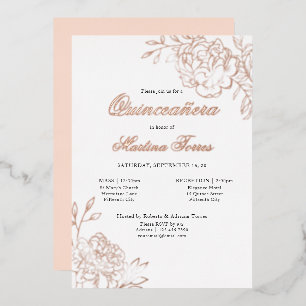 Invitación Con Relieve Metalizado Quinceañera y Misa Elegante Rosa Dorada Botánica