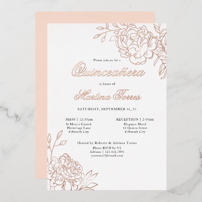 Invitación Con Relieve Metalizado Quinceanera y Rosa Botánico Elegante Masivo Oro (Anverso/Reverso)
