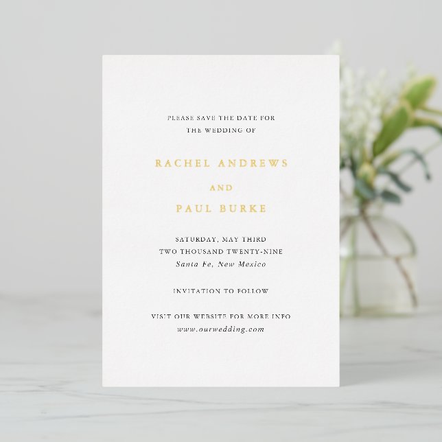 Invitación Con Relieve Metalizado Rachel Formal Elegant Wedding Save the Date (Anverso de pie)