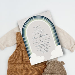 Invitación Con Relieve Metalizado Rainbow Baby Shower Blue Green Boy Silver