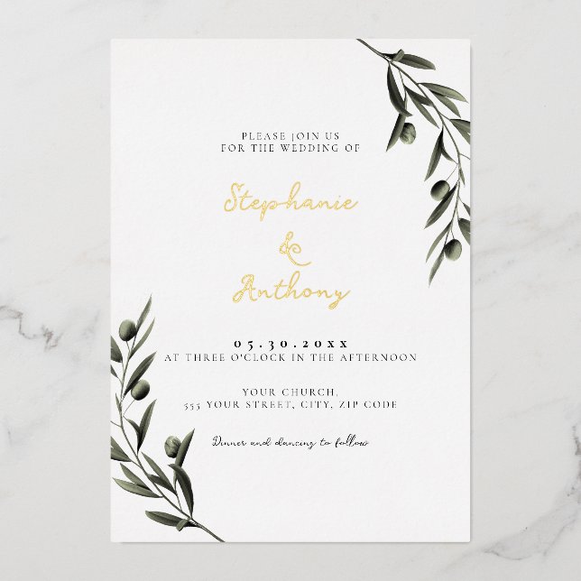 Invitación Con Relieve Metalizado Rama de oliva botánica deja Boda italiano (Anverso)