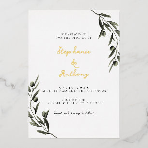 Invitación Con Relieve Metalizado Rama de olivo botánica hojas boda italiana