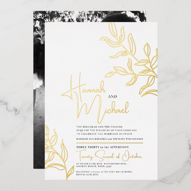 Invitación Con Relieve Metalizado Rama de oro del boda de sketch de hojas (Anverso/Reverso)