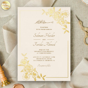 Invitación Con Relieve Metalizado Rama y hojas florales de oro y crema para boda mus