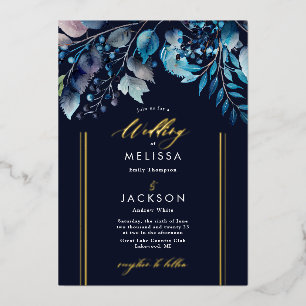 Invitación Con Relieve Metalizado Ramas botánicas de acuarela azul Boda Oscura