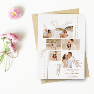 Invitación Con Relieve Metalizado Ramas Botánicas de Boda Collage de 6 Fotos