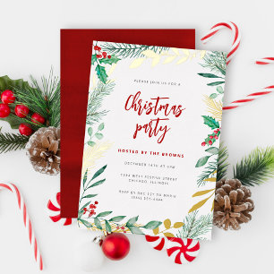 Invitación Con Relieve Metalizado Ramas doradas de follaje de Navidad en acuarela pa