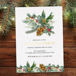 Invitación Con Relieve Metalizado Ramo de fiesta navideña de acebo y piña dorada