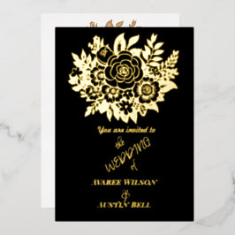 Invitación Con Relieve Metalizado Ramo de rosas con lámina de oro elegante boda negr