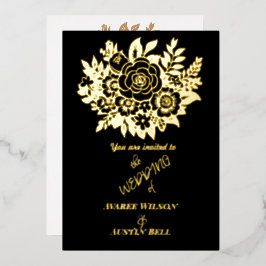 Invitación Con Relieve Metalizado Ramo de rosas de papel de oro elegante boda negra 